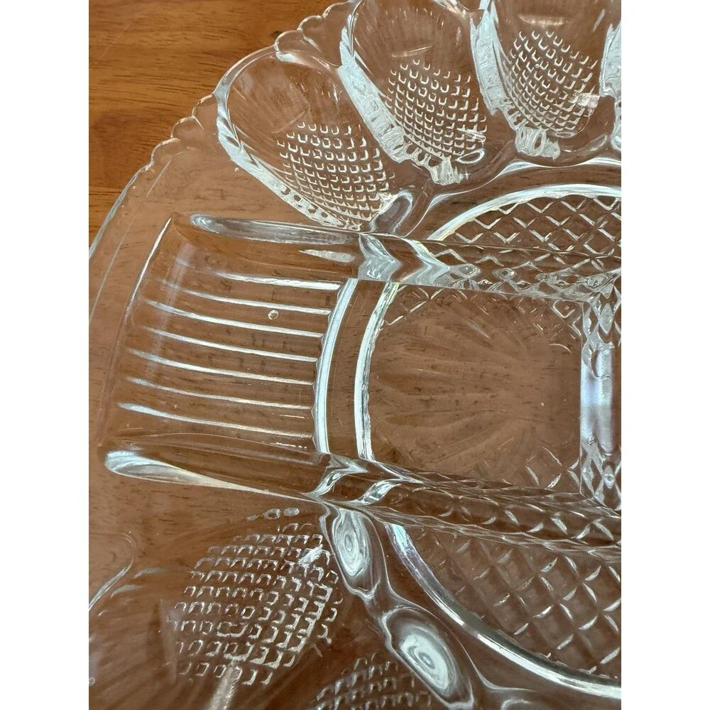 Vintage LE Smith Clear Heavy Glass Deviled 12 Egg Plate Relish Tray